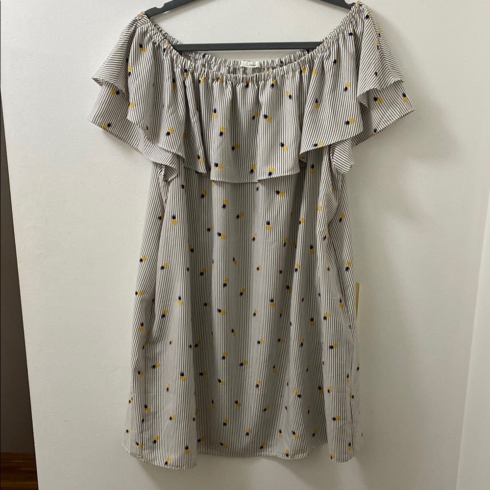 Striped Off-Shoulder Dress with Pineapple Accents and Pockets